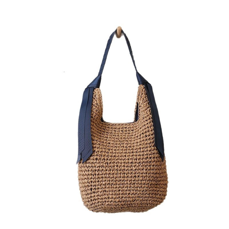 Japanese streamer shoulder straw bag, new large-capacity solid color woven bag, seaside resort beach bag, fashion straw bag Main image