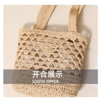Raffia Straw Shoulder Bag  Minimal Solid-Color Hollow Woven Tote, Medium Open-Top Beach & Daily Handbag