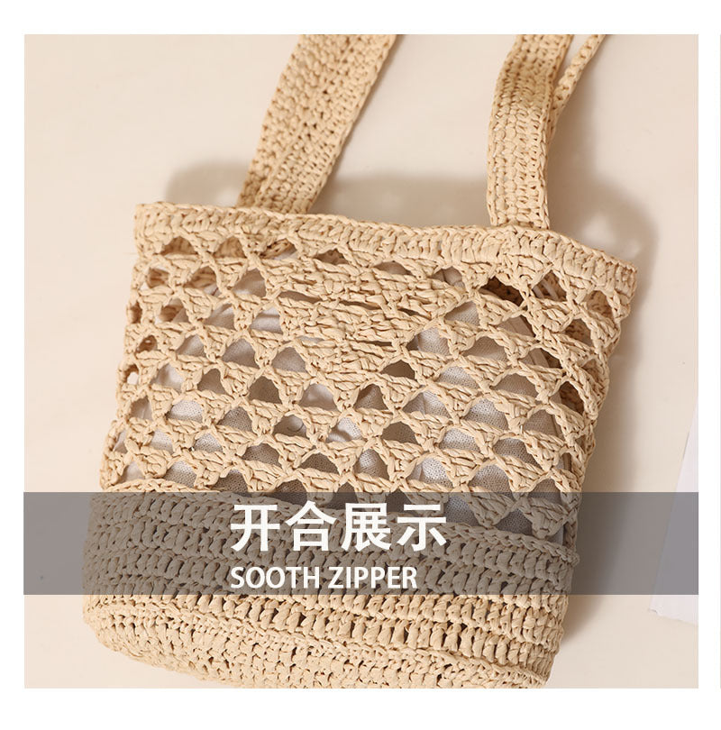 Raffia Straw Shoulder Bag  Minimal Solid-Color Hollow Woven Tote, Medium Open-Top Beach & Daily Handbag