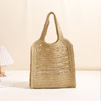 Hollow Out Straw Tote Bag Large Capacity Letter Embroidery Woven Beach Shoulder Bag