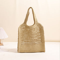 Hollow Out Straw Tote Bag Large Capacity Letter Embroidery Woven Beach Shoulder Bag