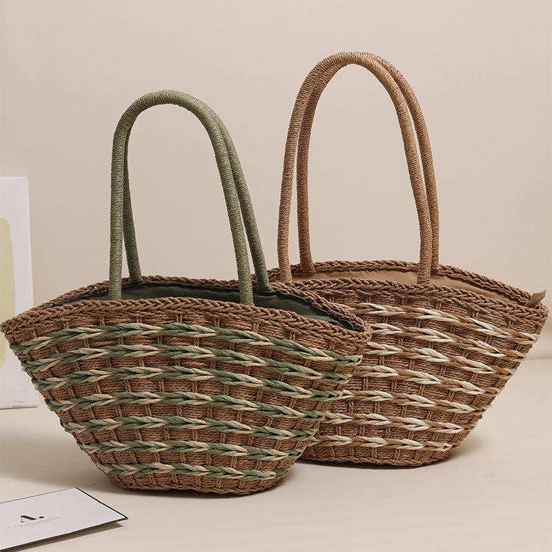 Forest Style Woven Straw Shoulder Bag  Large Capacity Beach Vacation Tote
