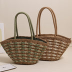 Forest Style Woven Straw Shoulder Bag  Large Capacity Beach Vacation Tote