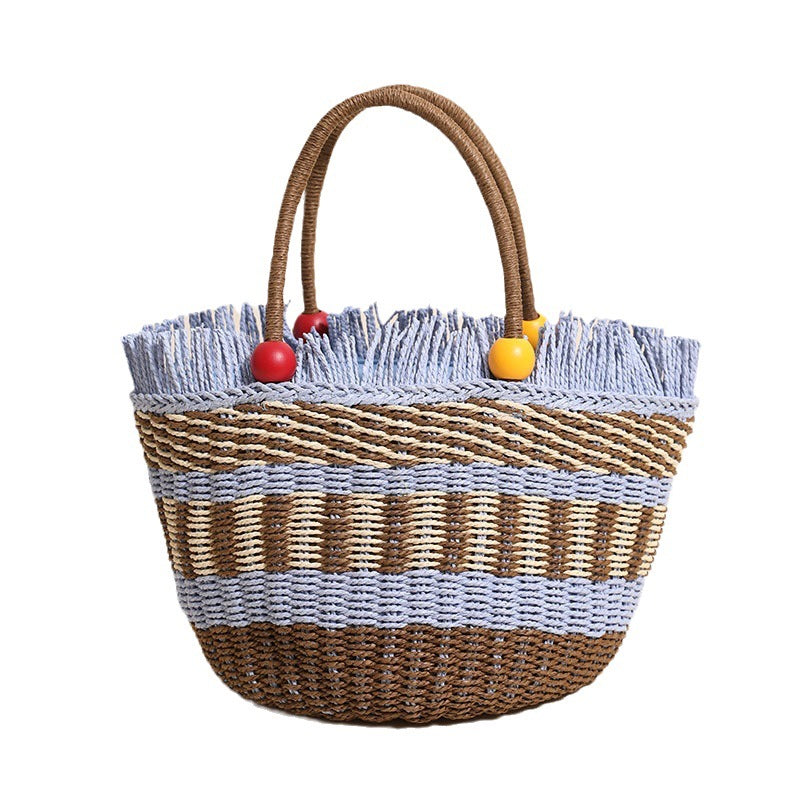 Cute Wooden Bead Straw Bucket Bag  Frayed Edge Paper Woven Handbag with Drawstring, Medium Beach & Holiday Tote Main image