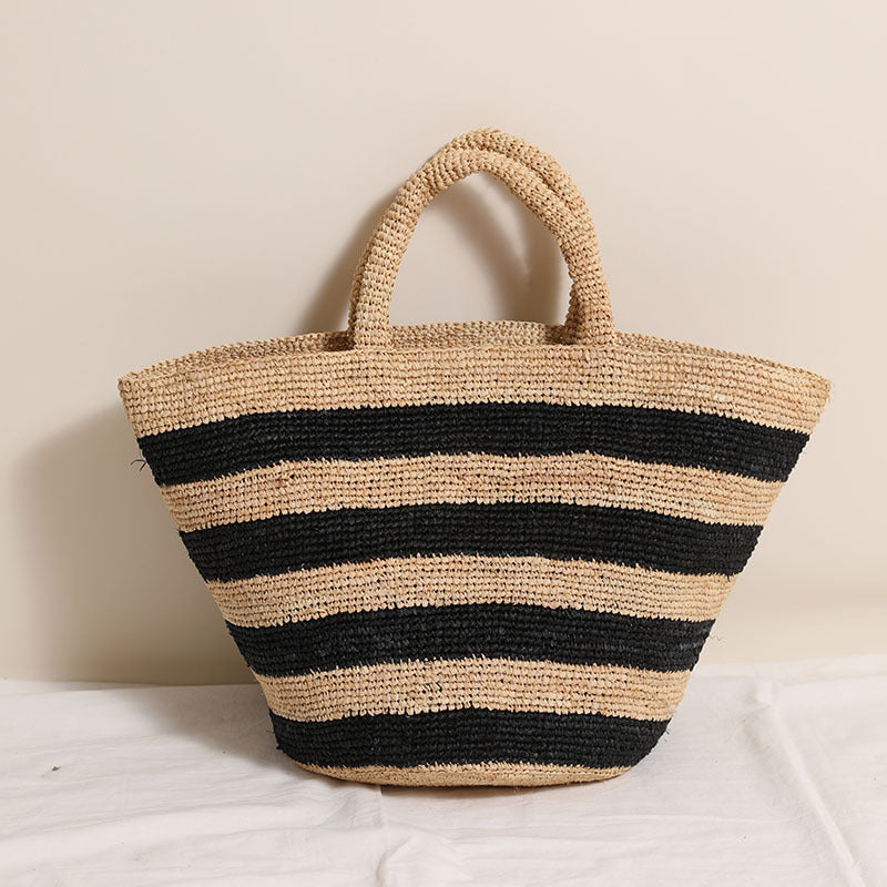 Raffia Large-Capacity Woven Tote Bag  Handcrafted Striped Open-Top Straw Handbag for Daily Use & Travel
