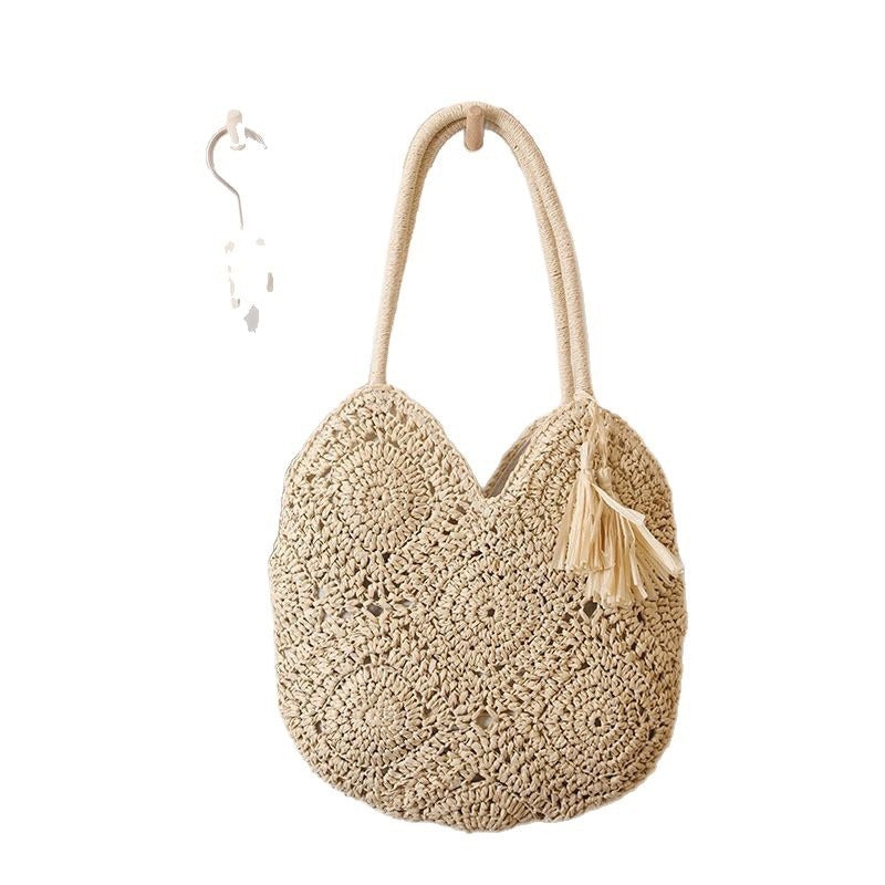 Hollow Tassel Straw Shoulder Bag  Medium Woven Tote with Zipper Closure, Handcrafted Paper Straw Beach & Daily Carry Bag
