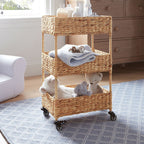 Handwoven Natural Grass Rolling Storage Cart  3-Tier Wicker Organizer with Wheels for Living Room, Bedroom & Home Organization
