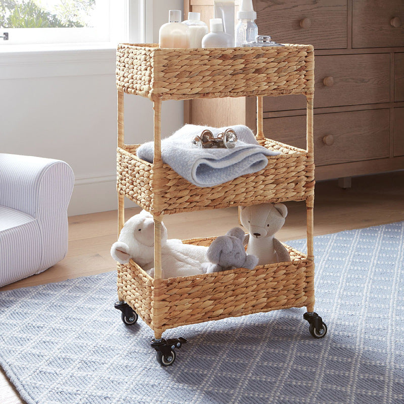 Handwoven Natural Grass Rolling Storage Cart  3-Tier Wicker Organizer with Wheels for Living Room, Bedroom & Home Organization