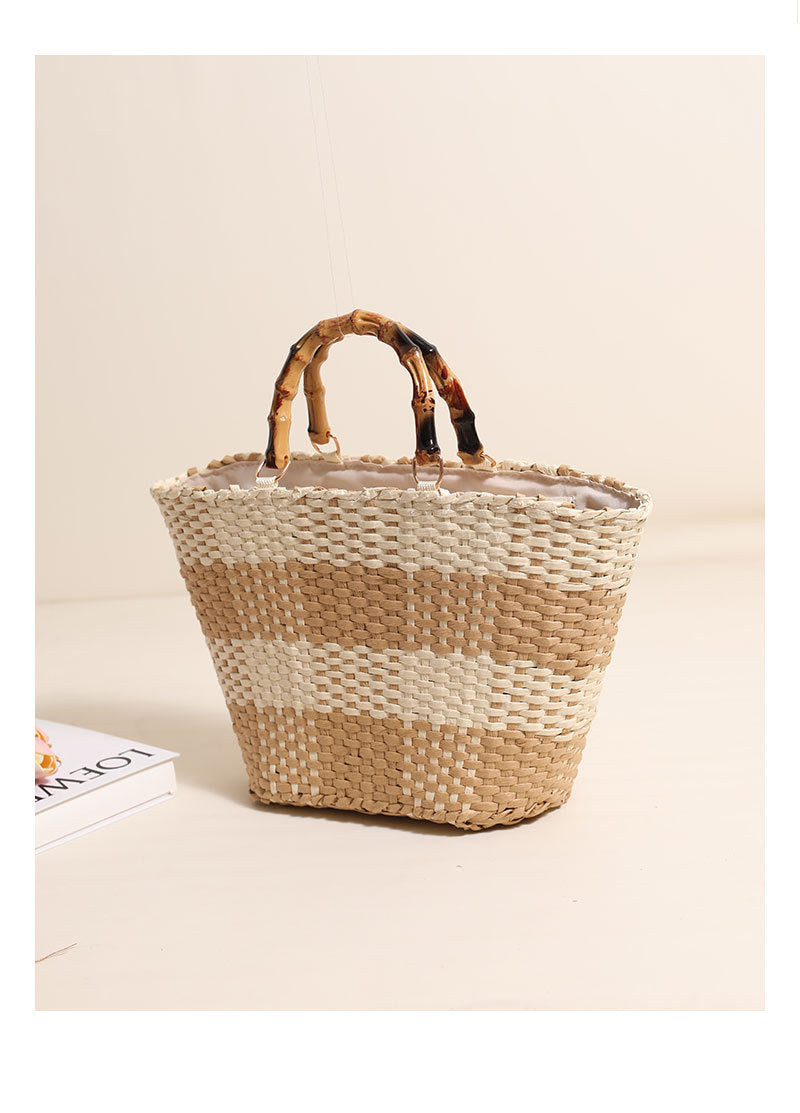 Elegant Grid Woven Top Handle Tote Bag  Bamboo Style Handle Straw-Look Beach Handbag