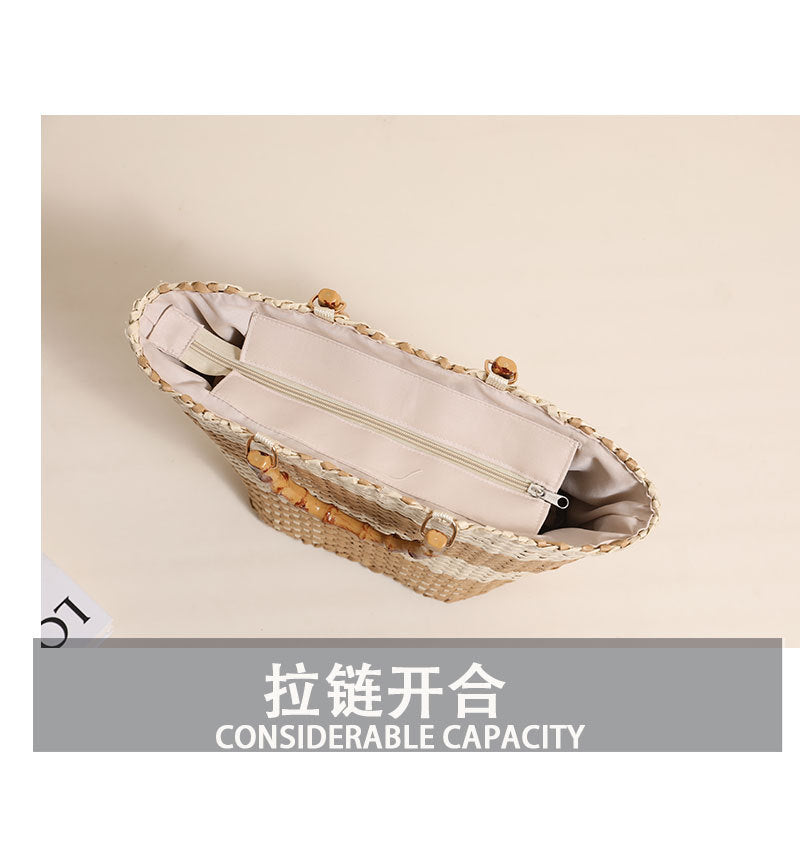 Elegant Grid Woven Top Handle Tote Bag  Bamboo Style Handle Straw-Look Beach Handbag