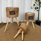 Handwoven Grass Floor Plant Stand Basket with Wooden Legs, Rustic Flower Pot Holder for Living Room & Balcony, 3-Piece Set