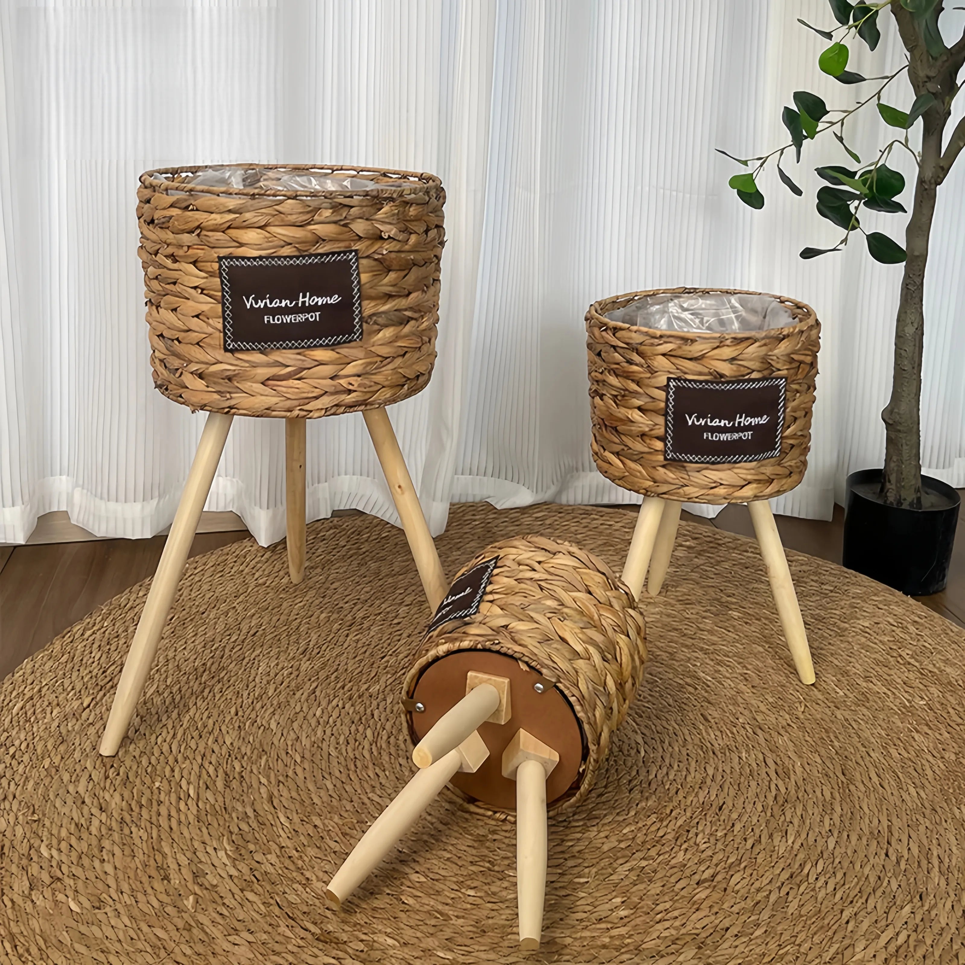 Handwoven Grass Floor Plant Stand Basket with Wooden Legs, Rustic Flower Pot Holder for Living Room & Balcony, 3-Piece Set