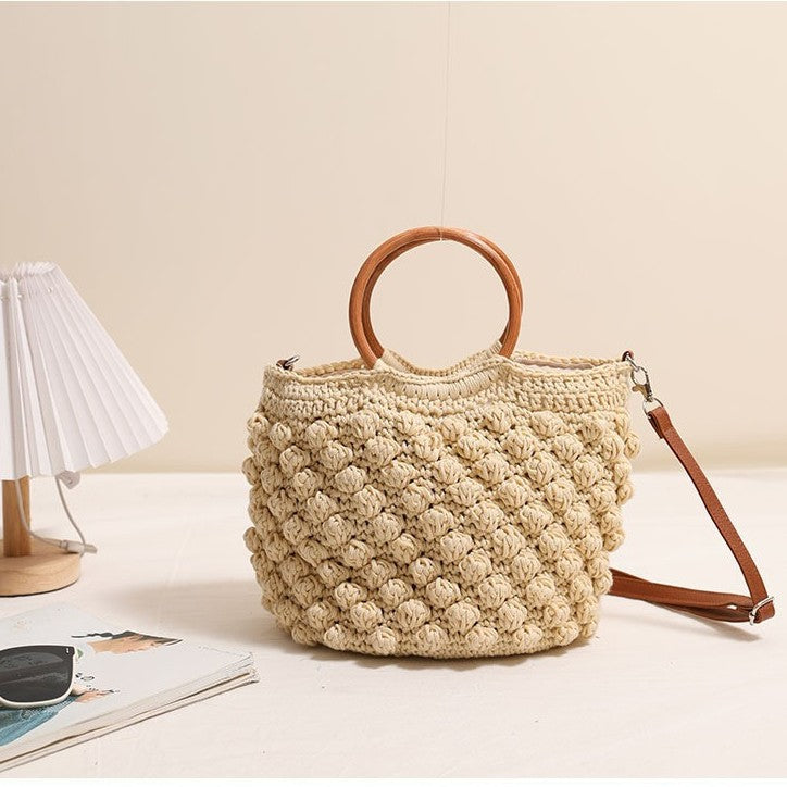 French-Style Cotton Crossbody Woven Bag  New Wooden Handle Tote with Zipper Closure for Beach, Vacation & Everyday Use Secondary image