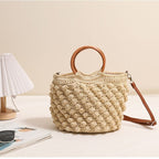 French-Style Cotton Crossbody Woven Bag  New Wooden Handle Tote with Zipper Closure for Beach, Vacation & Everyday Use