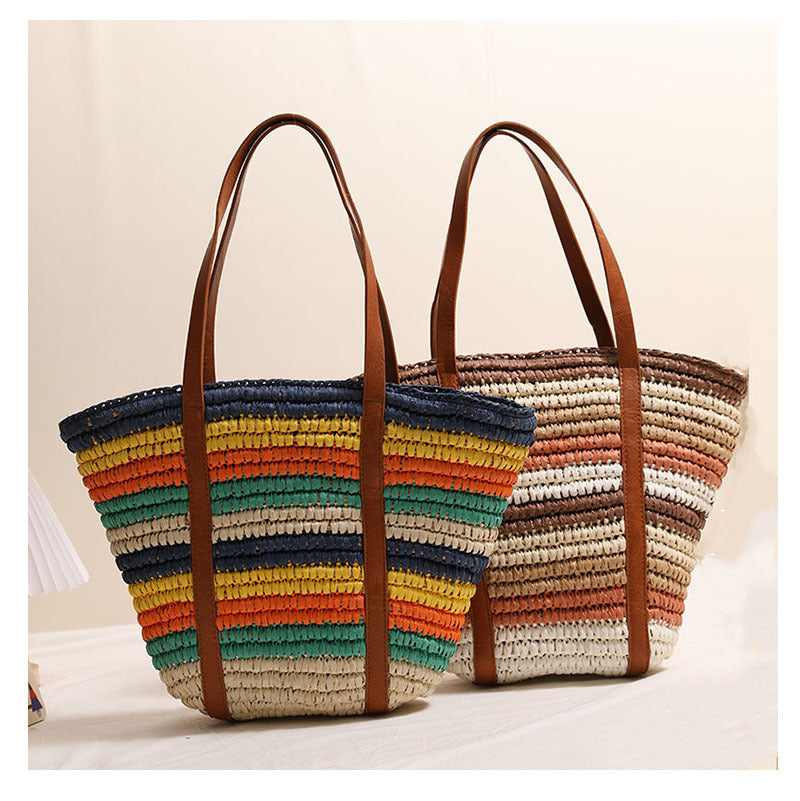 Fashionable Rainbow Stripe Woven Shoulder Bag  Large Capacity Handwoven Tote for Beach, Vacation & Everyday Use
