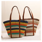 Fashionable Rainbow Stripe Woven Shoulder Bag  Large Capacity Handwoven Tote for Beach, Vacation & Everyday Use