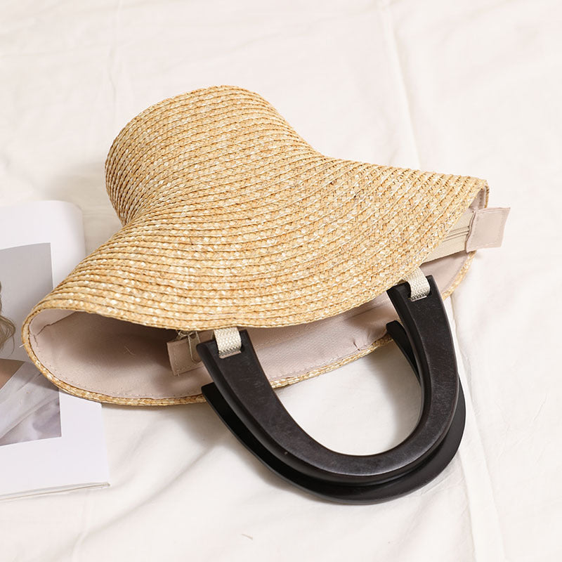 Wood Handle Straw Barrel Bag  Hat-Shape Woven Shoulder Handbag for Vacation Beach & Everyday Outfits