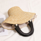 Wood Handle Straw Barrel Bag  Hat-Shape Woven Shoulder Handbag for Vacation Beach & Everyday Outfits