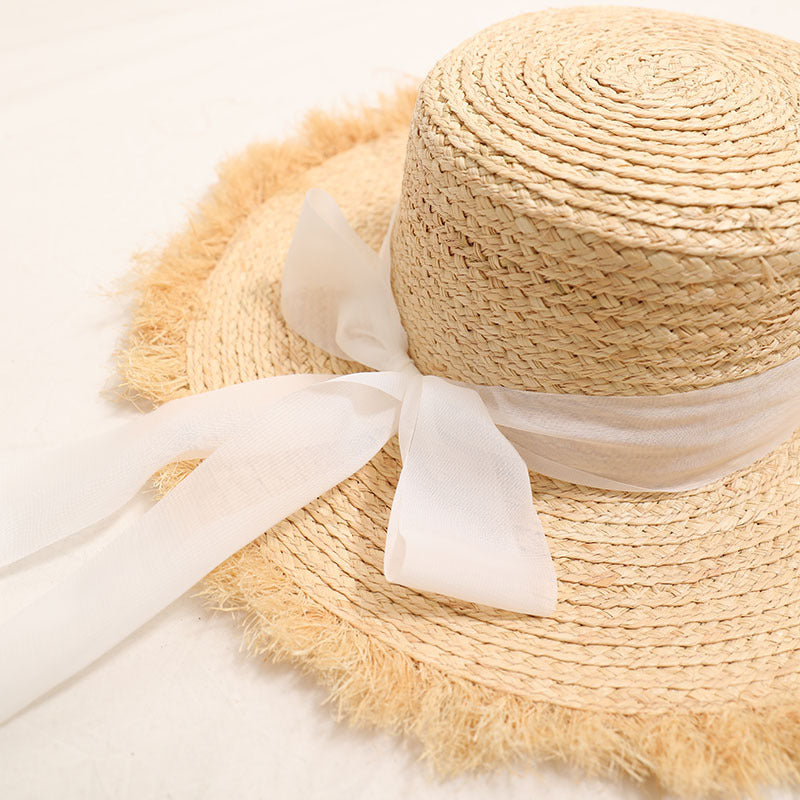 Raffia Straw Flat Top Sun Hat with Ribbon  Wide Brim Beach Vacation Hat for Women