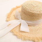 Raffia Straw Flat Top Sun Hat with Ribbon  Wide Brim Beach Vacation Hat for Women