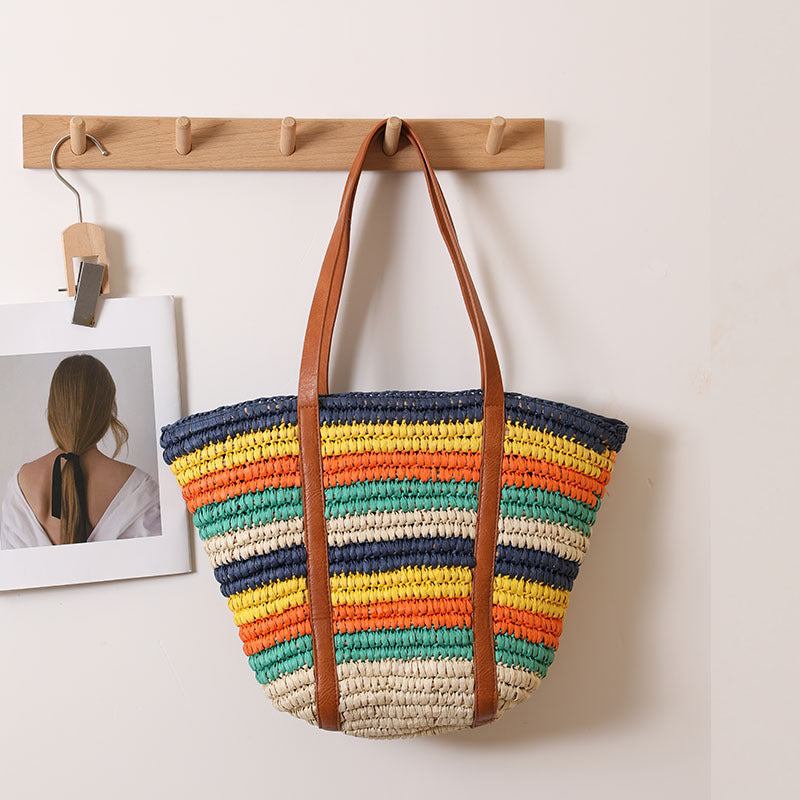 Fashionable Rainbow Stripe Woven Shoulder Bag  Large Capacity Handwoven Tote for Beach, Vacation & Everyday Use