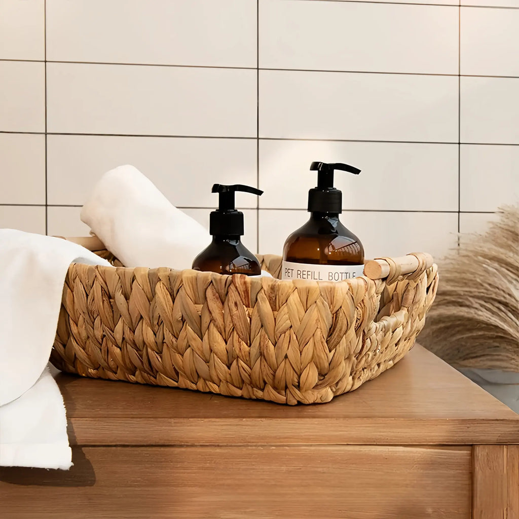 Natural Woven Water Hyacinth Storage Baskets with Handles  Decorative Nordic-Style Organizer Trays for Snacks, Fruit & Tabletop Essentials
