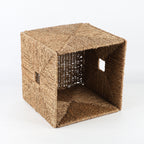Seagrass Cube Storage Basket with Window Handle  Foldable Handwoven Square Bin for Clothes & Toys, 32cm