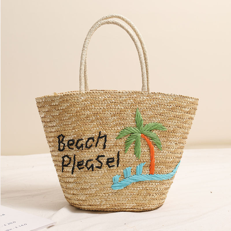 Palm Tree Embroidered Straw Tote Bag, Large Woven Beach Handbag, Summer Top Handle Bag Secondary image
