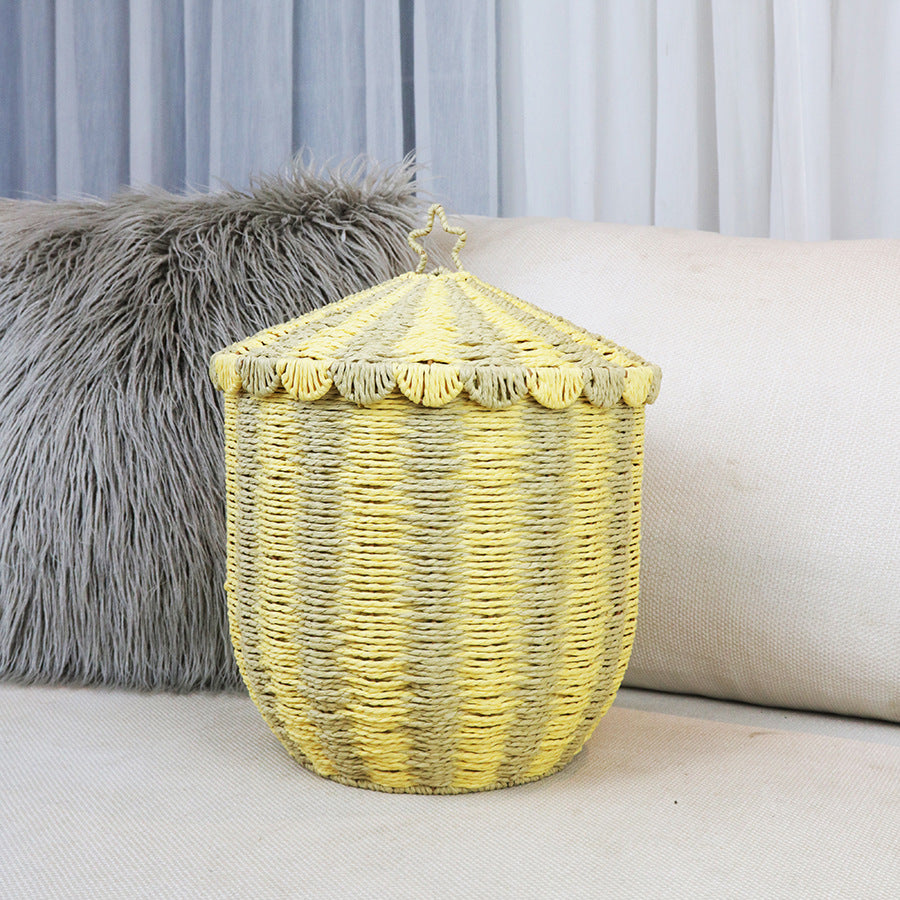 Circus Stripe Woven Laundry Basket with Lid – Paper Rope Toy & Clothes Storage Bin for Nursery, Kids’ Room & Laundry, 2 Sizes
