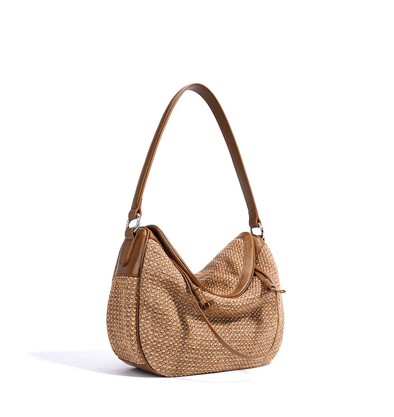 PP Straw Woven Hobo Shoulder Bag  Microfiber Leather Slouchy Crossbody, Medium Dumpling Shape Everyday Handbag