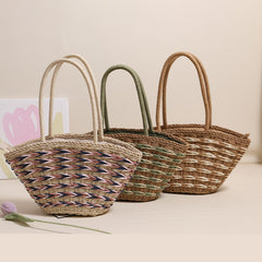Forest Style Woven Straw Shoulder Bag  Large Capacity Beach Vacation Tote