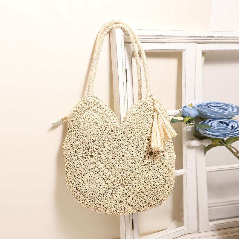 Hollow Tassel Straw Shoulder Bag  Medium Woven Tote with Zipper Closure, Handcrafted Paper Straw Beach & Daily Carry Bag