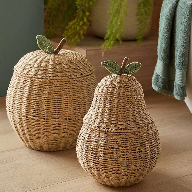 Handwoven Fruit-Shaped Storage Basket with Lid  Apple & Pear Decorative Organizer Made of Paper Rope Secondary image