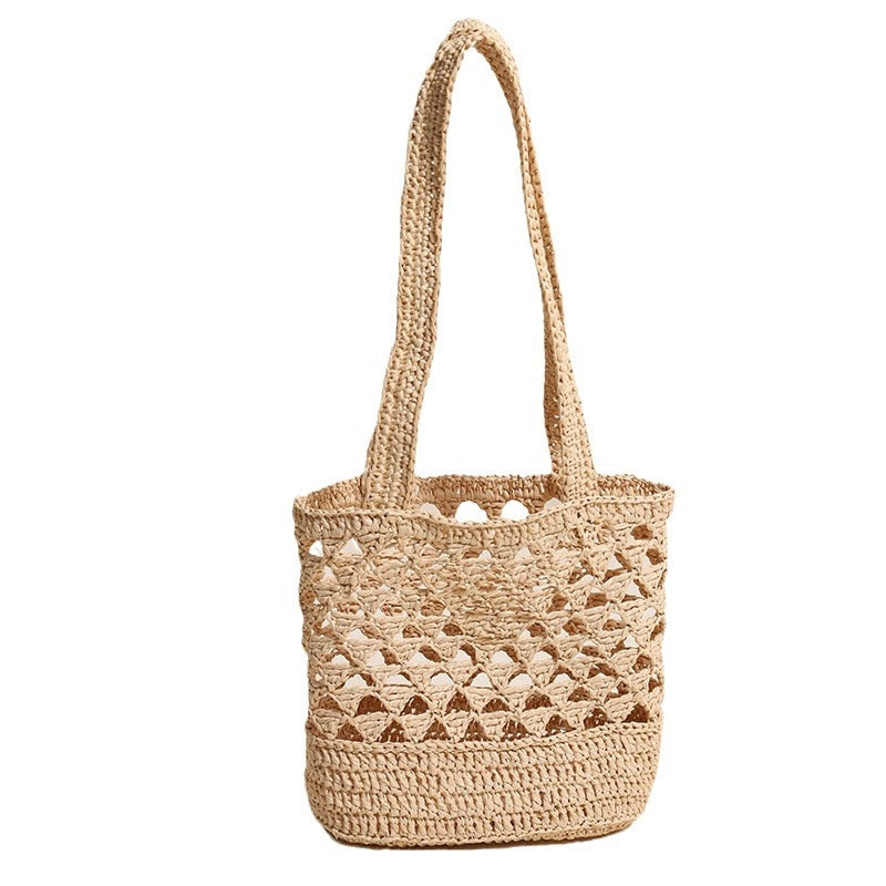 Raffia Straw Shoulder Bag  Minimal Solid-Color Hollow Woven Tote, Medium Open-Top Beach & Daily Handbag Main image