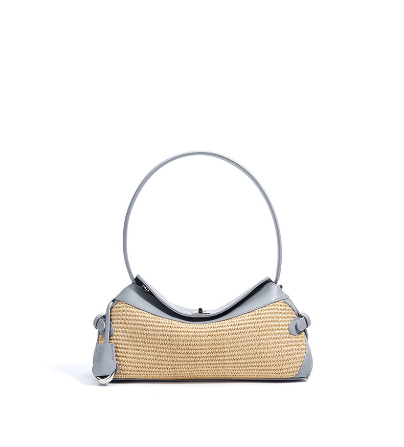 Leather & Straw Shoulder Bag  Soft Cowhide and Woven Underarm Crossbody, Medium Zipper Beach & City Tote
