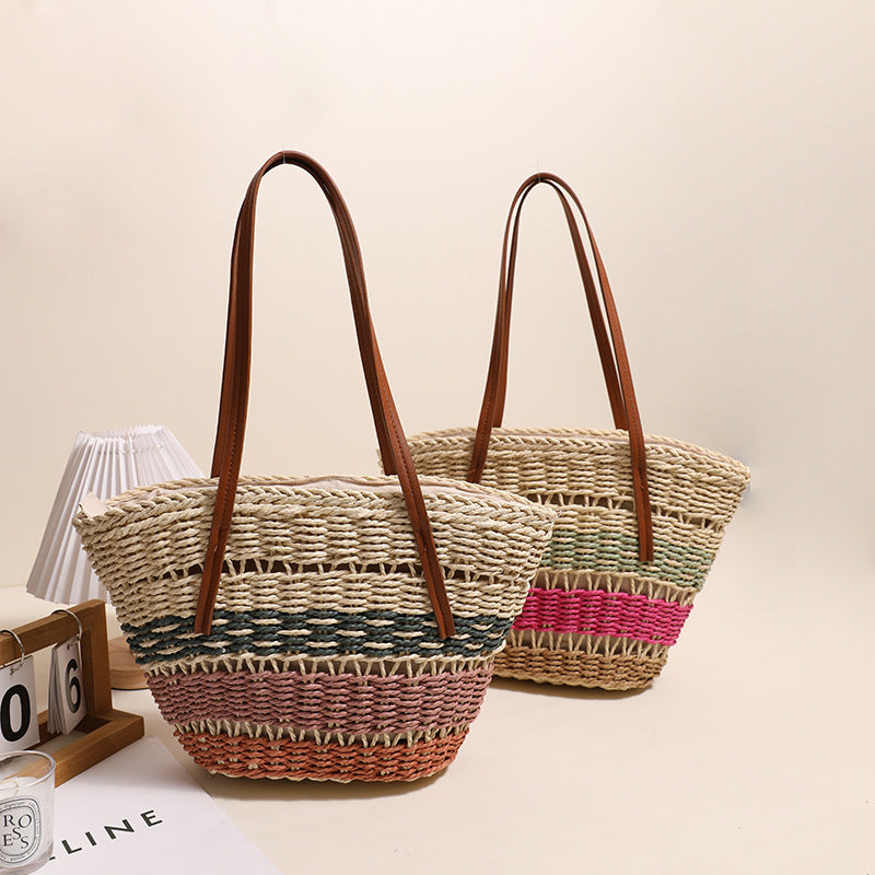 Color Block Woven Shoulder Basket Bag  Medium Capacity Striped Paper Straw Tote for Everyday Use Secondary image