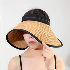 Raffia Wide-Brim Open-Top Sun Visor Hat for Women | Khaki Breathable UV-Shade Summer Hat