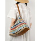Rainbow Leather & Straw Shoulder Bag  Small and Large Woven Hobo with Zipper, PP Straw and Split Cowhide Crossbody