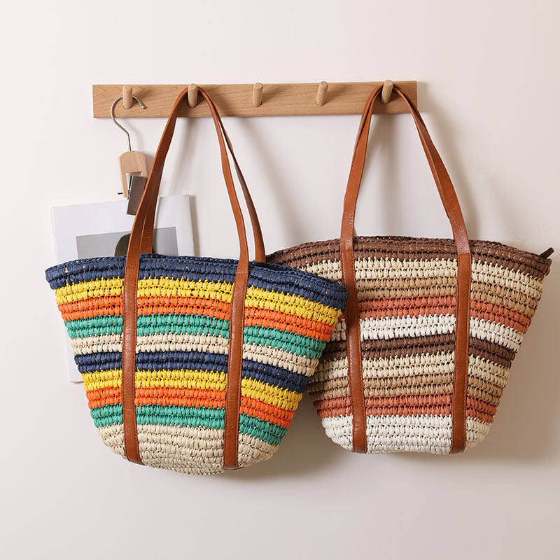 Fashionable Rainbow Stripe Woven Shoulder Bag  Large Capacity Handwoven Tote for Beach, Vacation & Everyday Use