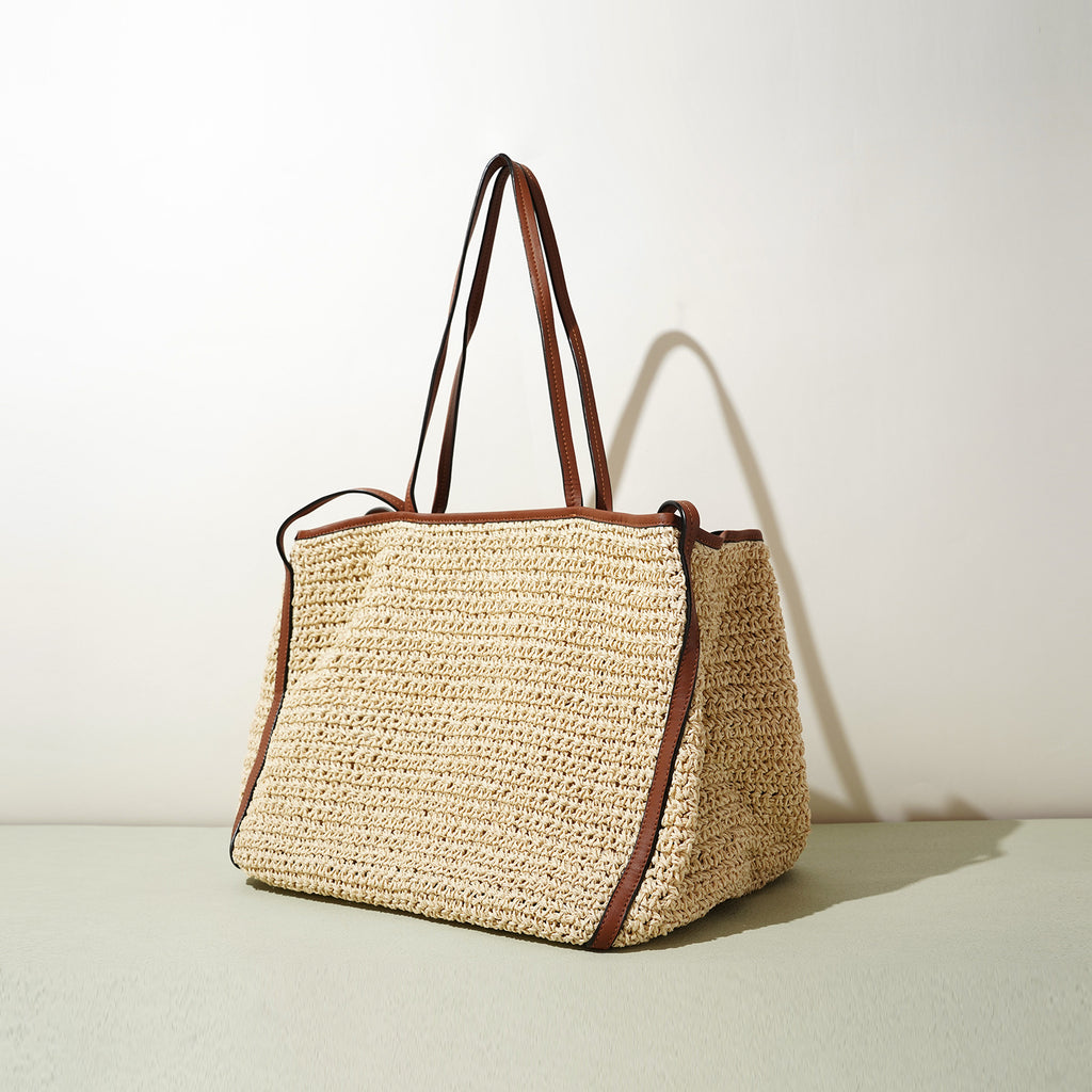 Leather Raffia Straw Tote Bag  Large Woven Shoulder & Crossbody Handbag with Lock Closure, Classic Everyday Work Bag
