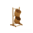Wooden Tiered Rattan Storage Basket Stand  Handwoven Floor Organizer Rack for Living Room & Entryway