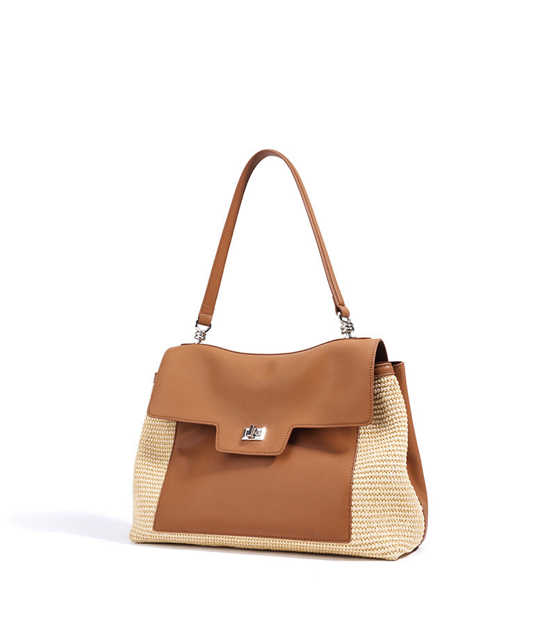 Leather Raffia Straw Tote Bag  Large Woven Shoulder & Crossbody Handbag with Lock Closure for Work and Casual