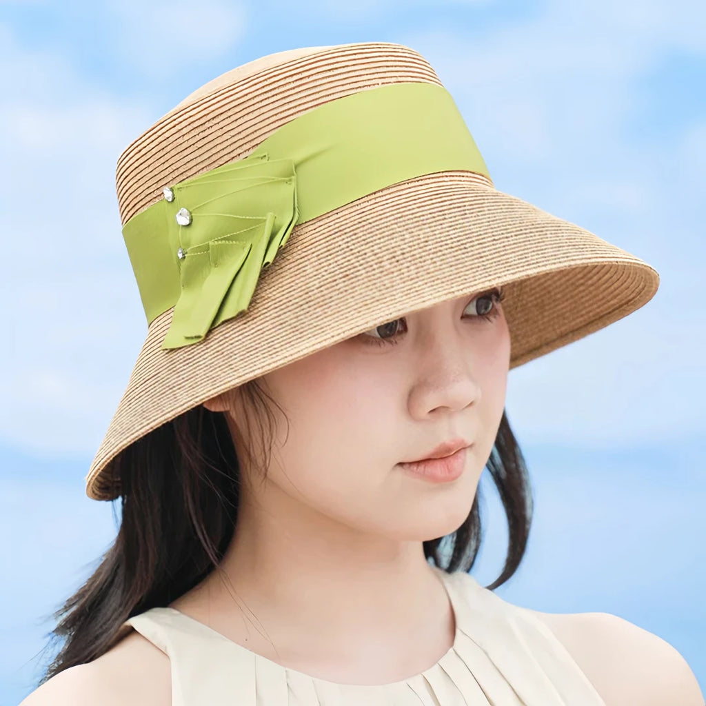 Summer Wide Brim Straw Sun Hat for Women  Woven Cellulose Bucket Hat with Bow, UV Sunshade Beach Hat
