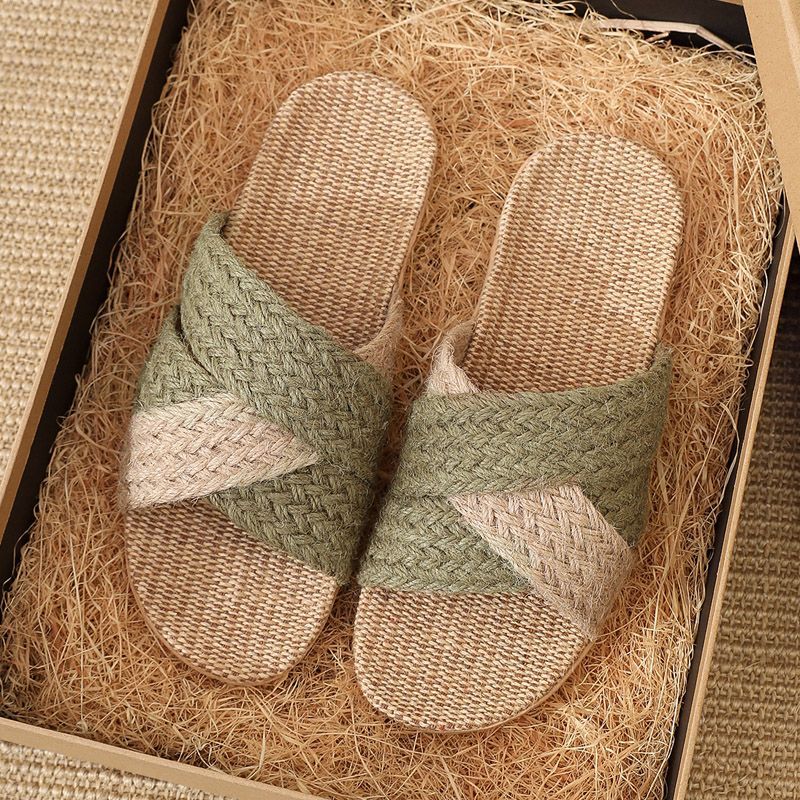 Natural Linen Woven Indoor Slippers  Unisex Quiet Breathable House Slides Main image