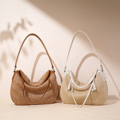 PP Straw Woven Hobo Shoulder Bag  Microfiber Leather Slouchy Crossbody, Medium Dumpling Shape Everyday Handbag