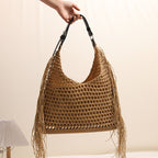 Fashionable Tassel Shoulder Raffia Bag  Large Capacity Hollow Weave Tote for Beach, Vacation & Everyday Use