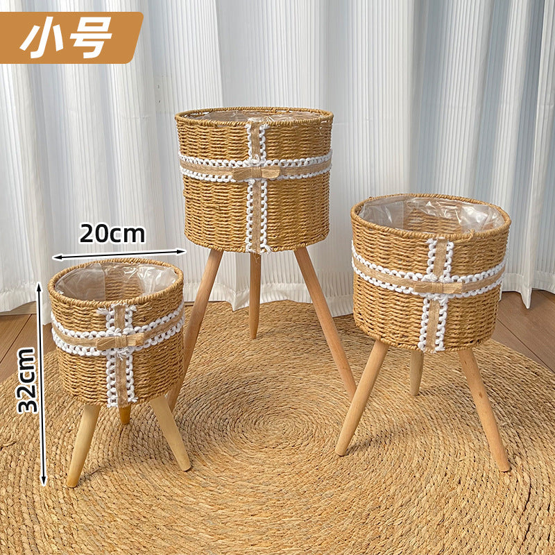Nordic Woven Plant Stand Set with Wooden Legs  Round Wicker Planter Baskets for Indoor Living Room & Balcony
