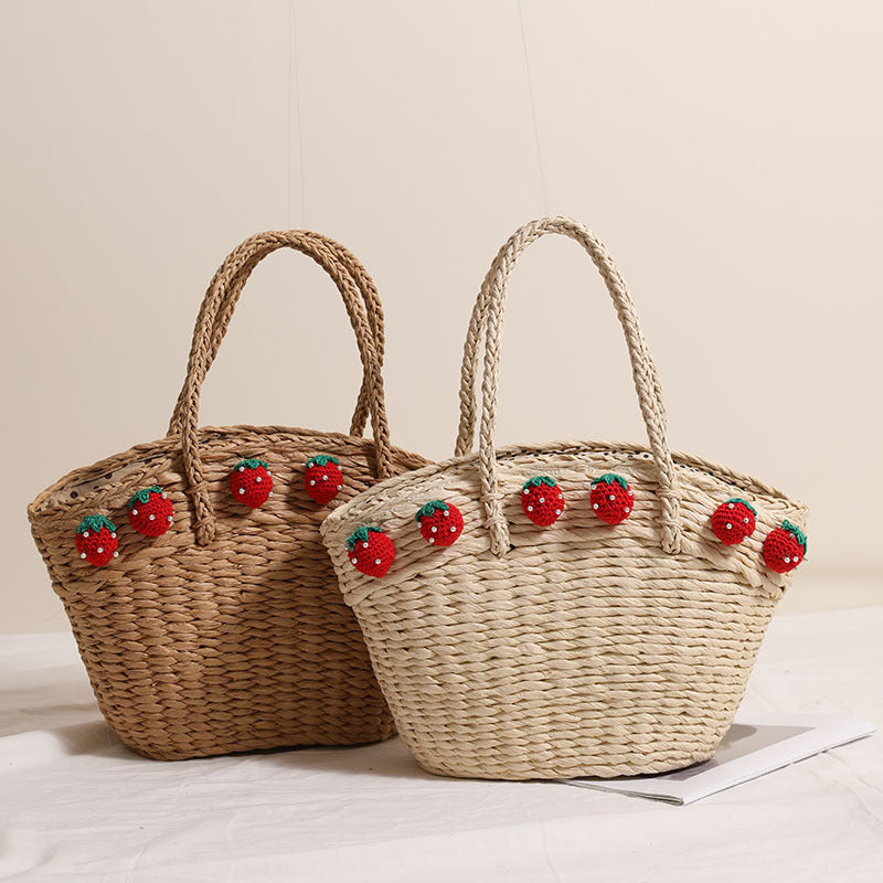 Cute Strawberry Woven Tote Basket  Handcrafted Paper Straw Shoulder Bag with Drawstring, Medium Daily & Beach Carry Bag Secondary image