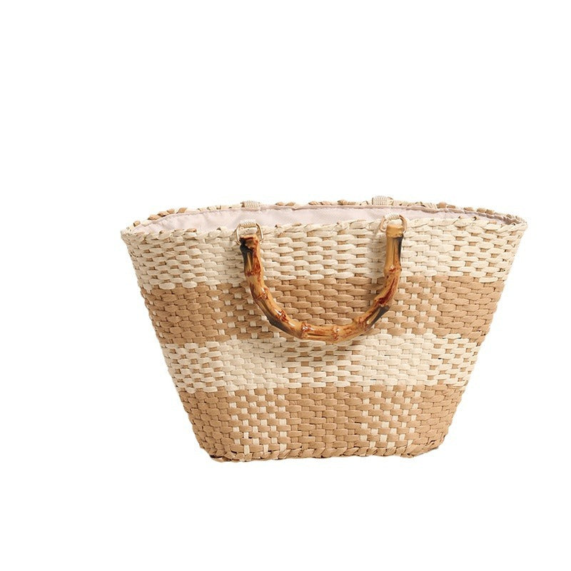 Elegant Grid Woven Top Handle Tote Bag  Bamboo Style Handle Straw-Look Beach Handbag Main image
