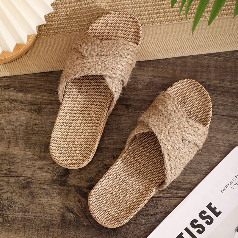 Natural Linen Woven Indoor Slippers  Unisex Quiet Breathable House Slides Secondary image